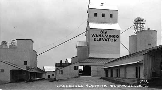 Black and white photograph of the Wanamingo Elevator, c.1950.