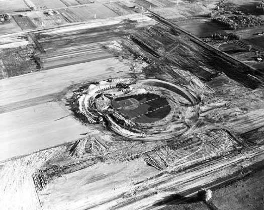 Black and white photograph of Metropolitan Stadium under construction. Photograph: Minneapolis Star Journal Tribune, 1955.