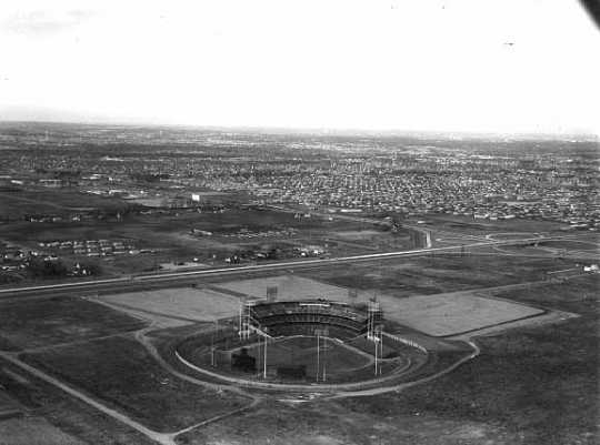 Black and white photograph of Metropolitan Stadium aerial, Bloomington, 1960. Photograph: Minneapolis Star Journal Tribune.