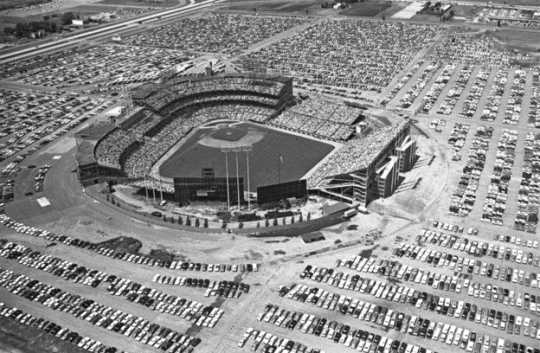 Black and white photograph of The All-Star game at Metropolitan Stadium, 1965. Photograph: Gerald R. Brimacombe, Minneapolis Star & Tribune.