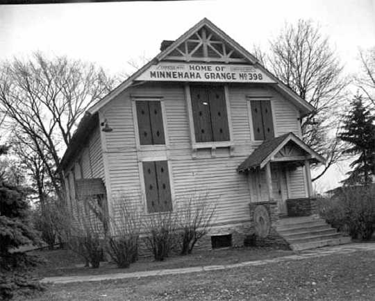 Black and white photograph of Grange Hall (Minnehaha Grange Number 398) in Edina, 1948.