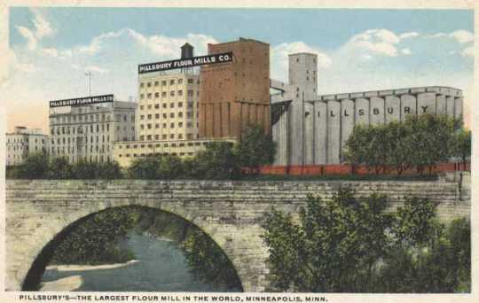 Colorized postcard depicting the Pillsbury milling complex, including the Pillsbury "A" Mill, ca. 1920.