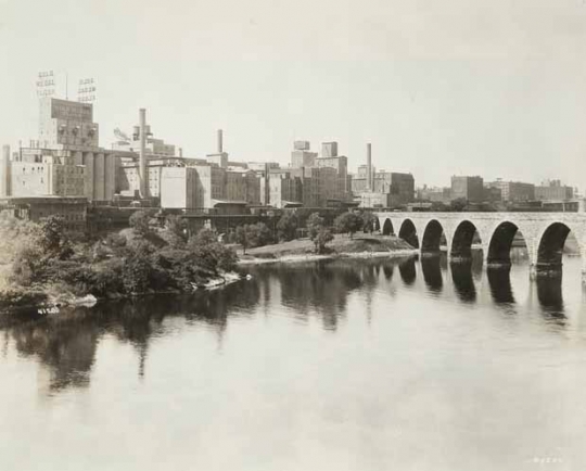 Black and white photograph of the West Side Milling District, Minneapolis, ca. 1920. Photograph by Hibbard Studio.