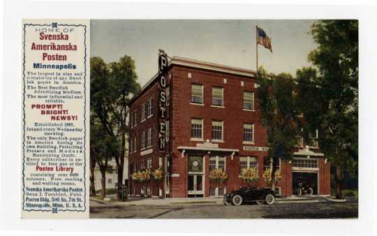 Color postcard of the Svenska Amerikanska Posten building, ca. 1935. 
