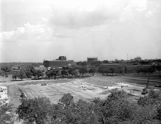 Black and white photograph of construction of Parade Stadium, June 14, 1951.