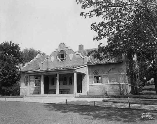 Black and white photograph of Loring Park pavilion, Minneapolis. 