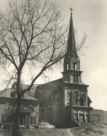 Black and white photograph of Our Lady of Lourdes Church, 27 Prince Street, Minneapolis, 1948.