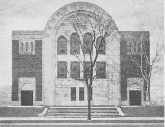 Black and white photograph of Beth El Synagogue at Penn and Fourteenth Avenue North in Minneapolis, 1938.