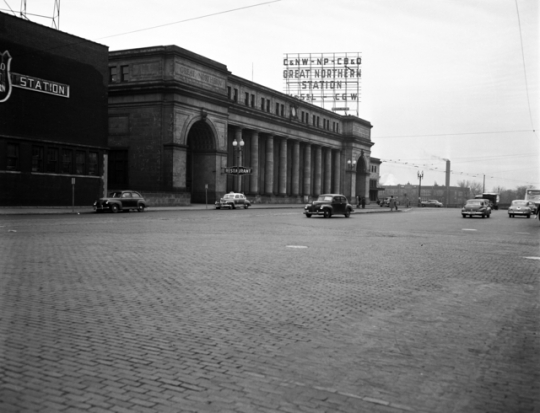 Black and white photograph of the Minneapolis Great Northern Depot, 1949. 