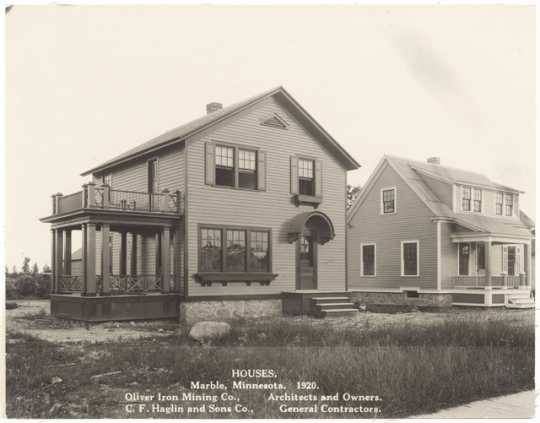 Oliver-built homes in Marble, Minnesota, 1920. The company designed and built homes in in the Canisteo District for employees to live in as they populated towns throughout the western Mesabi Range. 