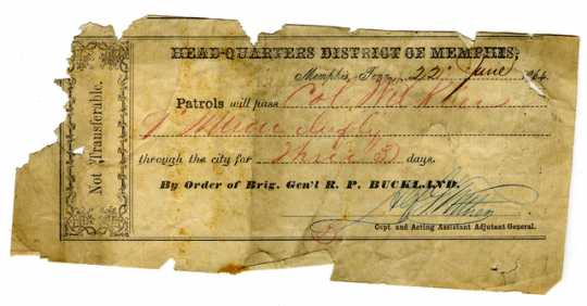 Handwritten paper pass for Colonel Alexander Wilkin, 1864.