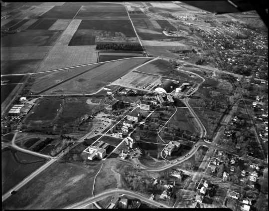 Black and white aerial view of Gustavus Adolphus College, St. Peter, 1954. Photograph by Minneapolis Start Journal Tribune.