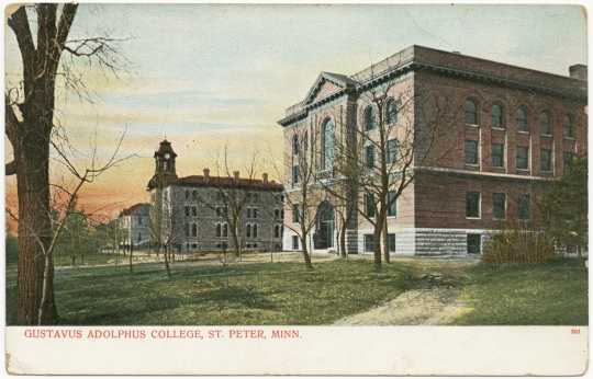Drawing ofGustavus Adolphus College buildings (Old Main and Auditorium), St. Peter, c. 1908.