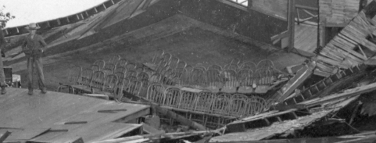 Black and white photograph of Waconia City Hall after the storm, 1904.