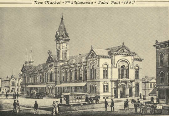 Black and white photograph of New Market House, Seventh and Wabasha, St. Paul, 1883.