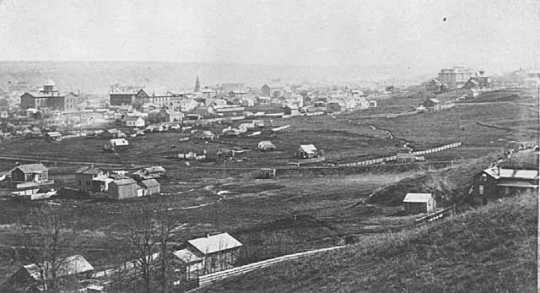 Black and white panoramic view of St. Paul, showing the State Capitol, background left, ca. 1870