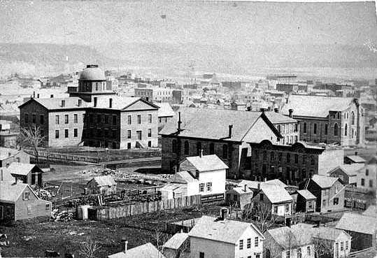Black and white photograph of St. Paul, showing the first state capitol, ca. 1868. Photographed by Benjamin Franklin Upton.