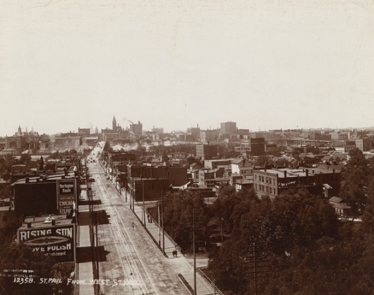 Black and white photograph looking north along Wabasha, the Flats, 1904.