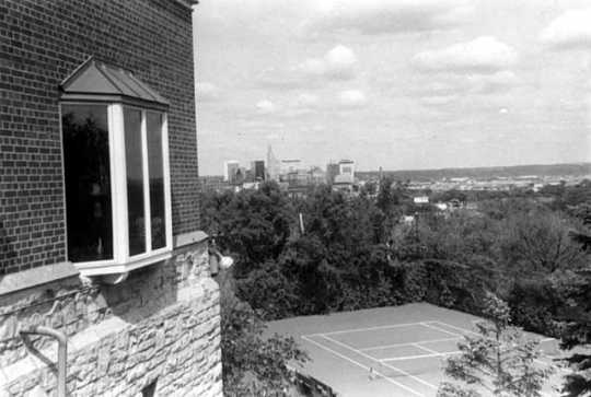 Black and white photograph of a view of downtown St. Paul and the lower West Side from the University Club, June 22, 1977. Photographed by Julian G. Plante.