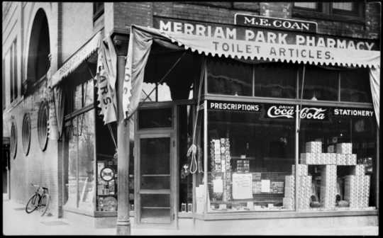Merriam Park Pharmacy, St. Anthony and Prior Avenues, St. Paul, ca. 1910. This building was lost to construction of Interstate 94.