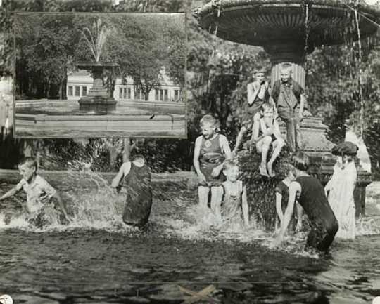 Black and white photograph of children playing in the fountain of St. Paul's Central Park, c. 1929 In the inset one can see the Minnesota Bakery Building on the south end of the park.