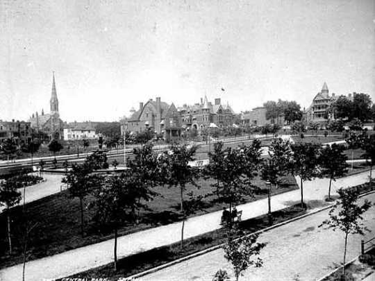 Black and white photograph looking northwest across Central Park, St. Paul, c.1900.