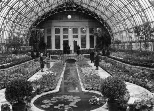 Black and white photograph of a flower show at the conservatory, 1927.