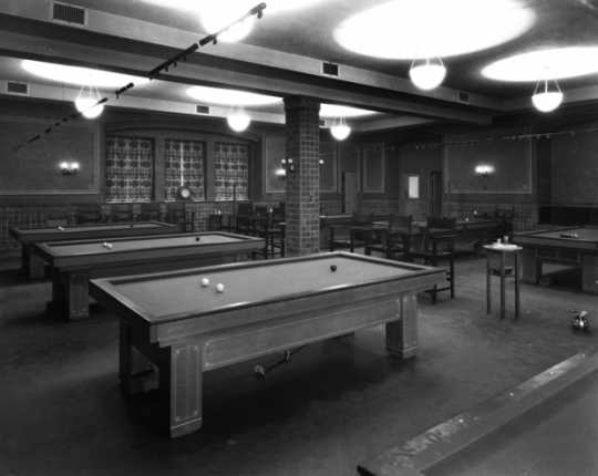 Black and white photograph of the billiard room in the St. Paul Athletic Club, c.1925. Photograph by Charles P. Gibson.