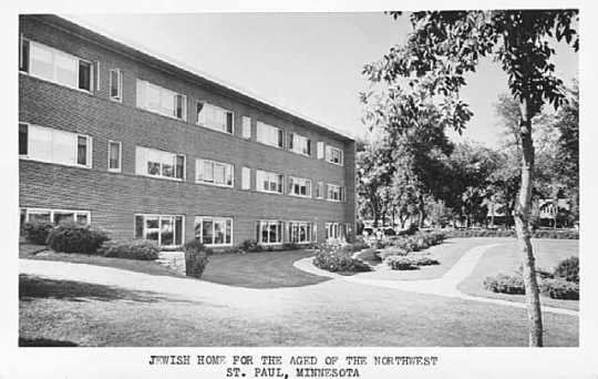 Black and white photograph of the exterior of the Jewish Home for the Aged, 1554 Midway Parkway, St. Paul, c.1960.