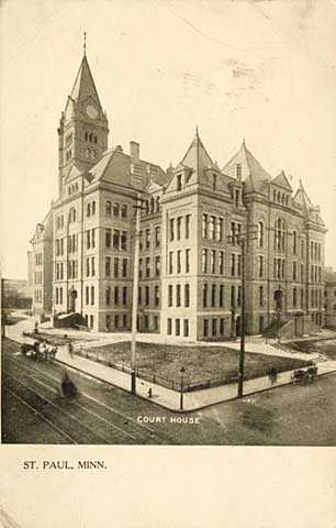 Black and white photograph of the second Ramsey County courthouse, c.1908. This view is looking northeast. The Victory parking ramp later occupied this space.