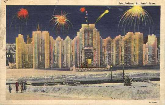 Color postcard of the 1937 Winter Carnival Ice Palace.  