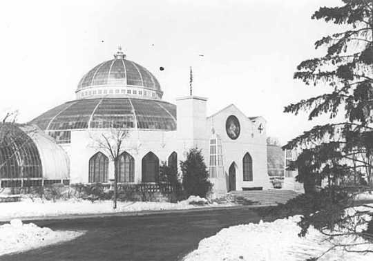 Black and white photograph of the Conservatory with special front for St. Paul Winter Carnival, 1940.