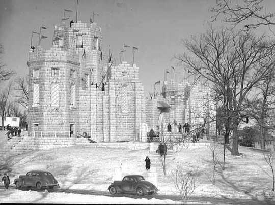 Black and white photograph of the 1941 Winter Carnival Ice Palace. 