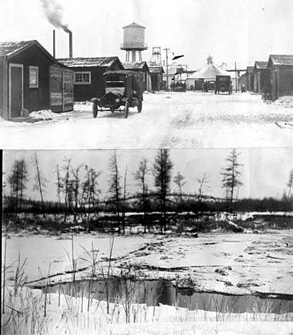 Black and white photographs of Main Street at Milford location and lake which flooded mine, 1924.