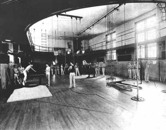 Black and white photograph of gym class at the State School, 1912.