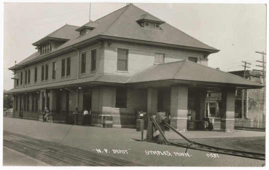 Black and white photograph of Staples train depot, c.1929. Initial reports of damage at the depot proved to be exaggerated.