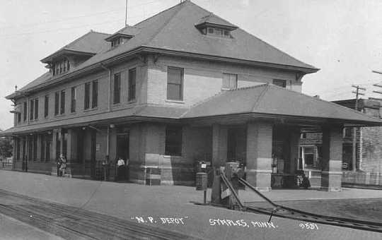 Black and white photograph of Staples train depot, c.1929. Initial reports of damage at the depot proved to be exaggerated.