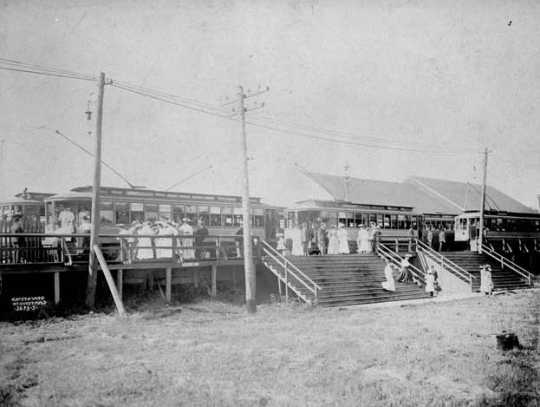 Black and white photograph of an interurban streetcar station (White Bear Lake), Wildwood Amusement Park, c.1915.