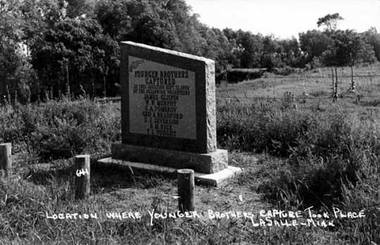 Black and white photograph of the monument marking where the Younger brothers were captured, c.1930.