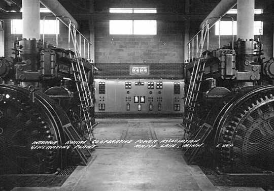 Black and white photograph of the Rural Cooperative Power Association Generating Plant, Maple Lake, ca. 1950.