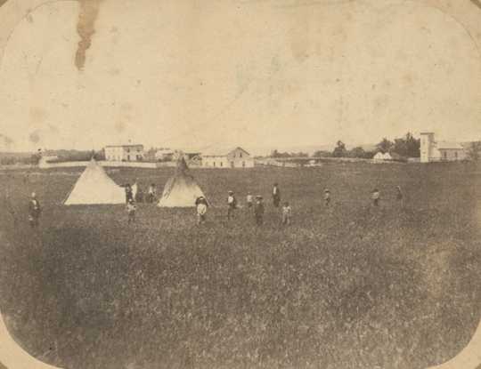 Black and white photograph of the Hazelwood Mission of Stephen R. Riggs in Yellow Medicine County, c.1860.