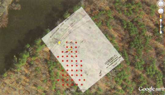 Google map of the Cadotte Post site with overlay of Douglas Birk’s 1972 sketch and an approximation of the location of the survey grid. 