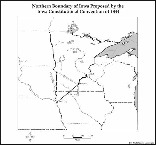 Map of the boundaries of Iowa proposed by the Iowa Constitutional Convention of 1844.