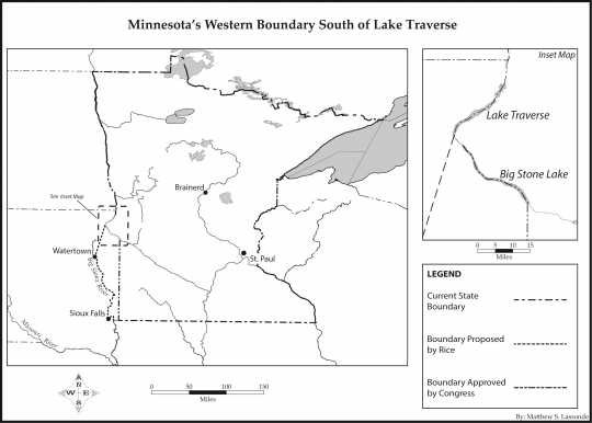 Map of Minnesota's western boundary south of Lake Traverse.