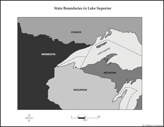 Map of interstate boundaries in Lake Superior ultimately fixed in 1947.