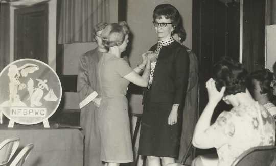 Black and white photograph of Doris Matzke is installed as BPWC president by former president June Shaver, May 1967.