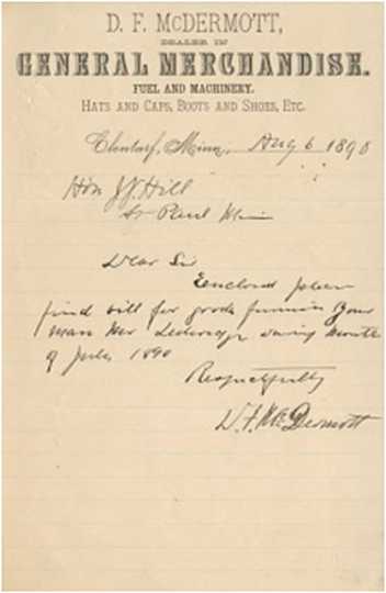 Color scan of a note written from D. F. McDermott to James J. Hill on August 6, 1890, regarding supplies ordered by Mr. Ledwidge of Clontarf Township. Mr. Ledwidge trained Hill’s hunting dogs.