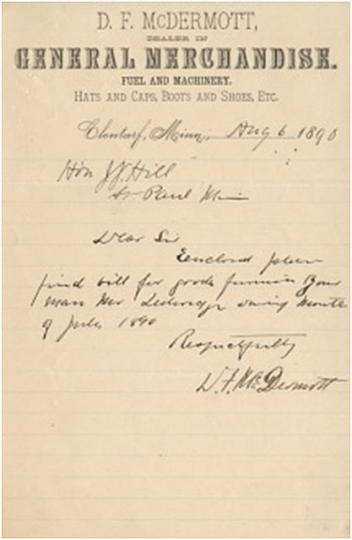 Color scan of a note written from D. F. McDermott to James J. Hill on August 6, 1890, regarding supplies ordered by Mr. Ledwidge of Clontarf Township. Mr. Ledwidge trained Hill’s hunting dogs.