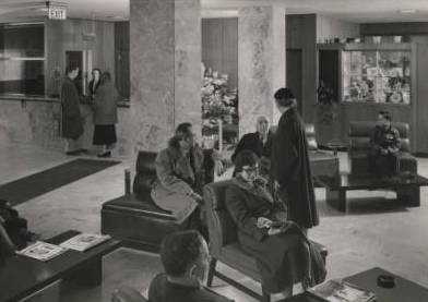 Black and white photograph of the interior lobby of Mount Sinai Hospital, 1955.