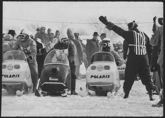 Polaris sleds dominated the 1967 St. Paul Winter Carnival “500” snowmobile race. From envelope titled “Snowmobile race, January 1967, trans returned,” box 612 of the Minneapolis and St. Paul Newspaper Negatives Collection (1936–1987), Minnesota Historical Society, St. Paul.